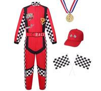 RRCBMD Race Car Driver Costume Boys Girls Racer Jumpsuit for Kids Red Racing Outfits 4PCS with Accessories Halloween Cosplay Dress Up XS(3-4Y)