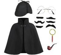 RRCBMD Sherlock Holmes Costume Kids Black Detective Costume girls 6PCS with Hat and Mustache Disguise Magnifying Glass Halloween Cosplay Dress Up 15.7Inch(3-12Y)