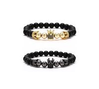 Rrdaily Black Beaded Bracelet for Men Women King Queen Crown Charm Beads Bracelet Couples Matching Bracelets Holiday Jewelry Gift, L, Stone, no gemstone