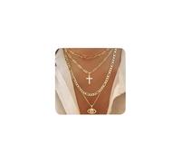 Rrdaily Layered Gold Zircon Cross Evil Eye Pendant Necklaces for Women,Trendy Figaro Chains Stackable Choker Necklace,Charm Anniversary Jewelry Accessories Gifts, L, Alloy Steel, No Gemstone