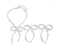 Rrdaily White Pearl Beaded Bow Necklaces Earrings Set for Women,Irregular Sliver Bead Large Bowknot Dangle Earring Bohemian Christmas Jewelry Accessories Gift, L, Metal, No Gemstone