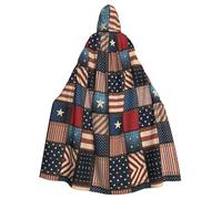 RRhgipp American Flag Patchwork Hooded Cloak Long Cape Grim Reaper Vampire Witch Carnival Halloween Wizard Costume 58inch