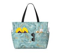 RRhgipp Azurite Teal And Foil Gold Oil Marble Pattern Canvas Tote Bag External Pocket Grocery Shopping Bag Top Zipper Closure Daily Essential