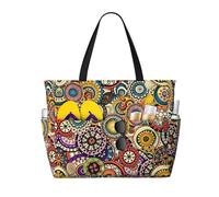RRhgipp Ethnic Circles Floral Pattern Canvas Tote Bag External Pocket Grocery Shopping Bag Top Zipper Closure Daily Essential