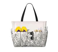 RRhgipp Floral Herbs Botanical Engraving Canvas Tote Bag External Pocket Grocery Shopping Bag Top Zipper Closure Daily Essential