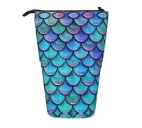 RRhgipp Mermaid Teal Fish Scale Standing Pencil Case Cute Stand Up Pencil Pouch, Telescopic Pen Bag