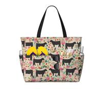 RRhgipp Pink Flower Show Steer Cows Cattle Canvas Tote Bag External Pocket Grocery Shopping Bag Top Zipper Closure Daily Essential