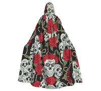 RRhgipp Skull And Red Rose Hooded Cloak Long Cape Grim Reaper Vampire Witch Carnival Halloween Wizard Costume 58inch