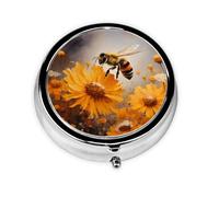 RRKDOY A Honey bee Collecting Nectar Printing Round Mini Pill Box with 3 compartments for Pill Storage and Portable Travel