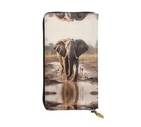 RRKDOY Baby elephant walking in mud Picture Women's leather long handheld wallet large capacity credit card zipper bag