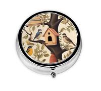 RRKDOY Bird House on The Tree Printing Round Mini Pill Box with 3 compartments for Pill Storage and Portable Travel