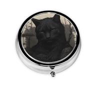 RRKDOY Black cat Watching Printing Round Mini Pill Box with 3 compartments for Pill Storage and Portable Travel