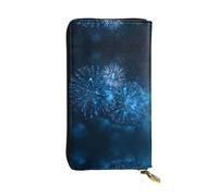 RRKDOY Blue fireworks in the night sky Picture Women's leather long handheld wallet large capacity credit card zipper bag