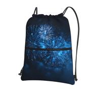 RRKDOY Blue fireworks in the night sky Printed Drawstring Zipper Backpack Strong and lightweight for Hiking Camping
