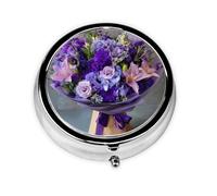 RRKDOY Bright Purple Bouquet Printing Round Mini Pill Box with 3 compartments for Pill Storage and Portable Travel