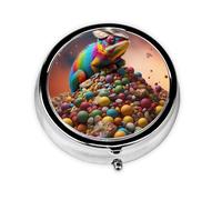 RRKDOY Chameleon in The Candy Pile Printing Round Mini Pill Box with 3 compartments for Pill Storage and Portable Travel