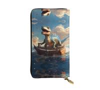 RRKDOY Dinosaurs on the boat Picture Women's leather long handheld wallet large capacity credit card zipper bag