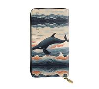 RRKDOY Dolphin jumping off the water Picture Women's leather long handheld wallet large capacity credit card zipper bag