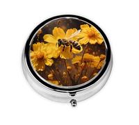 RRKDOY Little bee in Yellow Flower Printing Round Mini Pill Box with 3 compartments for Pill Storage and Portable Travel