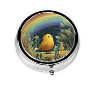 RRKDOY Little Birds Under The Rainbow Printing Round Mini Pill Box with 3 compartments for Pill Storage and Portable Travel