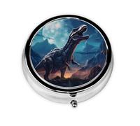 RRKDOY Little Dinosaur Next to The Moon Printing Round Mini Pill Box with 3 compartments for Pill Storage and Portable Travel