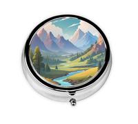 RRKDOY Mountains Under White Clouds Printing Round Mini Pill Box with 3 compartments for Pill Storage and Portable Travel