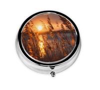 RRKDOY Reeds at Sunset Printing Round Mini Pill Box with 3 compartments for Pill Storage and Portable Travel