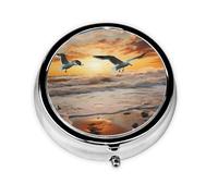 RRKDOY Seagulls on The sea stall Printing Round Mini Pill Box with 3 compartments for Pill Storage and Portable Travel