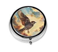 RRKDOY The Sparrow Through The Clouds Printing Round Mini Pill Box with 3 compartments for Pill Storage and Portable Travel