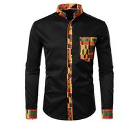 Rrongwn African Clothing Men's Dashiki African Shirt Patchwork Pocket Africa Print Shirt Long Sleeve Dress Shirts Traditional Fashion Long Sleeve Dashiki Tops Clothing for Party, black, XXL