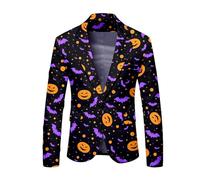 Rrongwn Halloween Blazer Men's Pumpkin Print Suit Jacket Regular Blazer Jacket Halloween Costumes Cosplay Coat One Button Suit Jacket Slim Fit Tuxedo Stylish Everyday Suits, purple, S