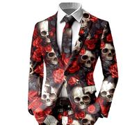Rrongwn Halloween Blazer Men's Skeleton Print Jacket Soft Outdoor Suit Jackets Sporty Jacket Party Carnival Costume One Button Tuxedo, red, XL