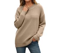 Rrongwn Knitted Jumper Women's Elegant Plain Knitted Jumper Autumn Winter Merino Wool Pullover Thin Fine Knit Winter Jumper Stretch Warm Wool Pullover Basic Crew Neck Jumper, khaki, M