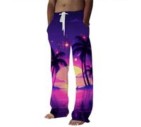 Rrongwn Linen Trousers Men's Hawaiian Style Trousers with Coconut Print Long Lightweight Colourful Summer Trousers Men's Loose Fit Casual Trousers Beach Trousers Yoga Trousers with Pockets, purple,