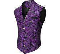 Rrongwn Medieval Weaste Men's Halloween Clothing Floral Jacquard Vests Steampunk Gothic Vest Tuxedo Suit Vest with Notched Lapel Retro Short Top Wedding Men's Vest, purple, M