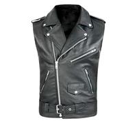 Rrongwn Men's Black Leather & Denim Bell Sleeve Biker Vest, Large