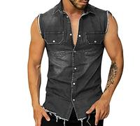 Rrongwn Men's Denim Vests Ripped Casual Sleeveless Biker Fashion Denim Vest Casual Denim Shirt Lapel Sleeveless Summer Shirt Men Vintage Single Breasted Denim Jackets Hole Vest, black, L
