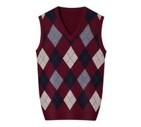 Rrongwn Men's Knitted Vest Sleeveless V-Neck Sweater Vest Checked Argyle Pullover Vest Fleece Lining Sweat Jacket Gentleman Knitwear Autumn Winter Wool Vest for Men, red, M