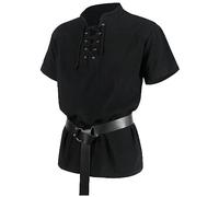 Rrongwn Men's Medieval Shirt Halloween Tunic Vintage Shirts Lace-up Shirt LARP Knight Shirt Halloween Bandage Short Sleeve Medieval Renaissance Shirt Gothic Cosplay Costume Without Belt, black, L