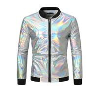 Rrongwn Men's Metallic Sequins Baseball Bomber Jacket 70s Disco Party Costume Metallic Night Club Lightweight Casual Jacket Slim Fit Transition Jacket Baseball Leisure Jackets, silver, XL