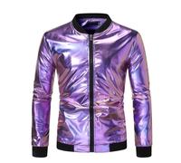 Rrongwn Men's Sequin Jacket 70s Disco Fancy Dress Shiny Metallic Costume Men's Metallic Jacket 70S Disco Christmas Party Varsity Jacket Zip-Up Baseball Bomber, purple, M
