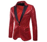 Rrongwn Men's Sequin Jacket Glitter Blazer Slim Fit Party Wedding Tuxedo Men's Suit Jacket Office Jacket Personality Sequins Casual Jacket Wine Blue Black Gold Silver, red, L