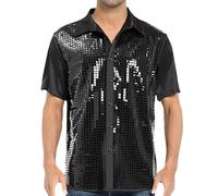 Rrongwn Men's Sequin Shirt Short Sleeve 70E Disco Party Costume Shiny Button Down Shirts Breathable Collar Shirt Modern Wedding Shirt with Pocket Slim Fit Casual Shirt, black, 3XL