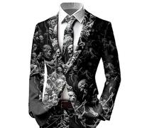 Rrongwn Men's Sporty Skeleton Print Suit Jacket Regular Fit Blazer Leisure Jacket Regular Fit Men's Jacket Classic Tuxedo Halloween Costumes, black, L