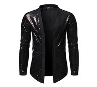 Rrongwn Shiny Gold Sequin Blazer Jacket Men's Sequin Cardigan Colour Block Cardigan for Men Disco Party Glitter Jacket Metallic Night Club Halloween Party Shiny Glitter Men's Jacket, black, L