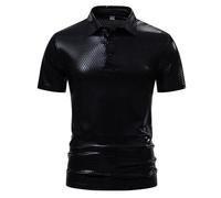 Rrongwn Shiny Metallic Polo Shirt for Men, Short Sleeve Faux Leather Metallic Top T-Shirts Clubwear Slim Fit Dance Disco Nightclub 70s 80s Disco Top T-Shirt, black, XXL