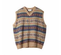 Rrongwn Sleeveless Knitted Vest Men's Fair Isle Pattern Knitted Vest Spring and Autumn Vintage Lazy Style Niche Vests Japanese Sleeveless Jumper Vest for Men and Women, khaki, L