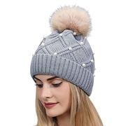 Rrongwn Women's Knitted Bobble Hat with Pearls and Fleece Lining Warm Winter Fur Bobble Hat, gray, One Size