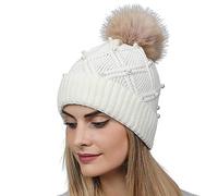 Rrongwn Women's Knitted Bobble Hat with Pearls and Fleece Lining Warm Winter Fur Bobble Hat, White, One Size