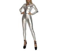 Rrongwn Women's Shiny Metallic Jumpsuit Catsuit Full Body Carnival Fancy Dress Costume Dance Body Gymnastics Jersey Leotard Disco Party Clubwear Long Sleeve Jumpsuit Skinny Trousers, silver, XXL
